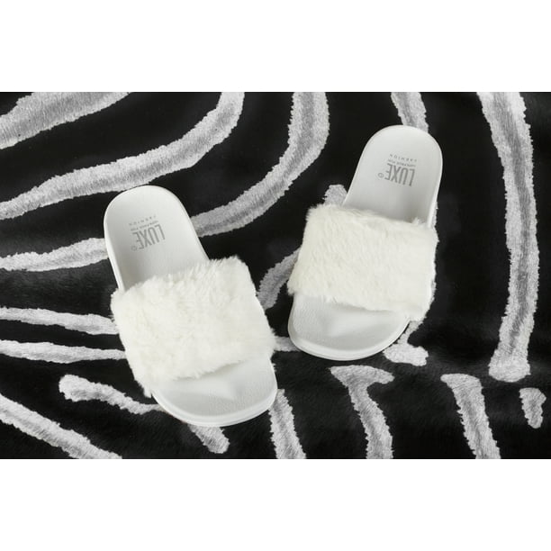 Luxe L 100/% Faux Fur Womens Faux Sheepskin Fur Slides Plush Comfortable Modern Slide Sandals Slippers Slip-Ons